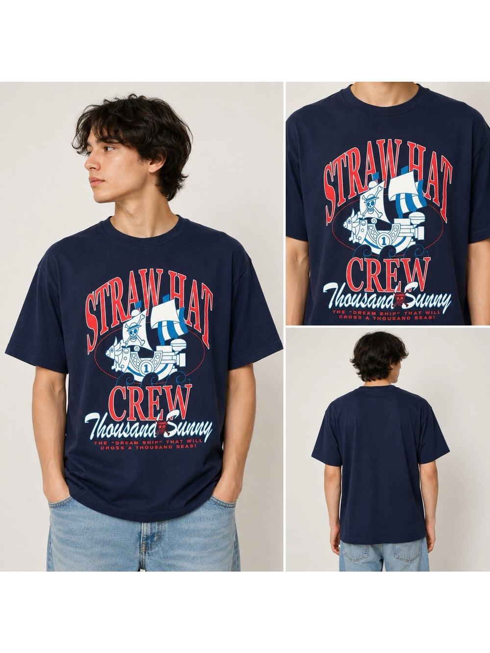 One Piece Straw Hat Crew Thousand Sunny Graphic T-Shirt Adult Large Navy NWT Ani